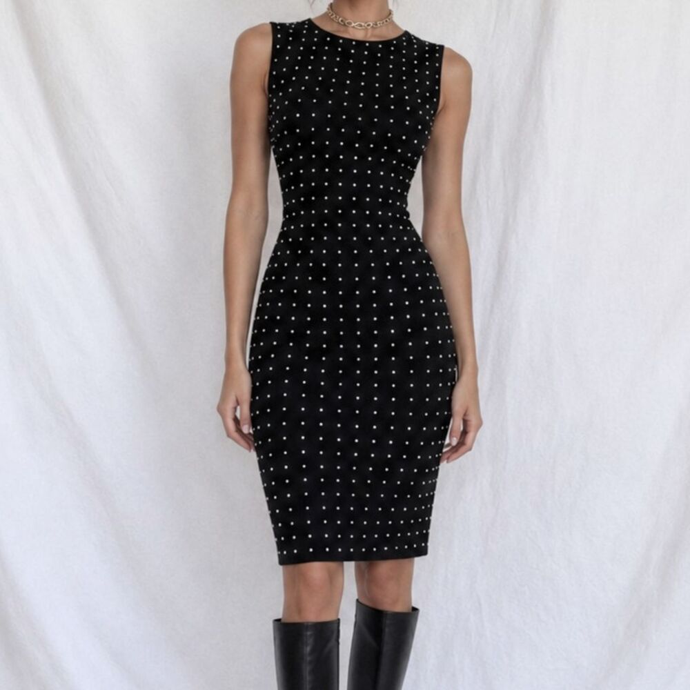 Vintage Y2K Black Studded Knee Length Sleeveless Sheath Cocktail Dress Size M